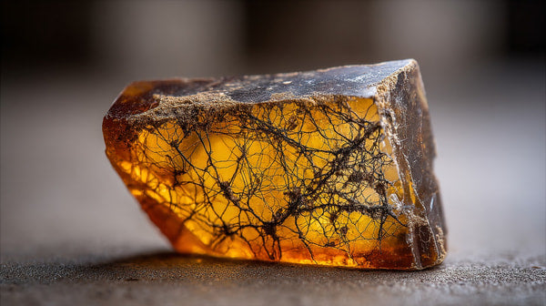 Two Images Of A Large Amber Colored Crystal With Intricate Patterns And Textures Showcasing Its Natural Beauty And Unique Structure — Stock Photo