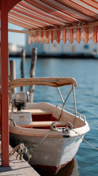 White Boat Docked At Pier With Red Roof — Stock Photo