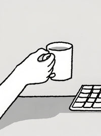 Black And White Illustration Of A Person Holding A Coffee Cup While Sitting At A Desk — Stock Illustration
