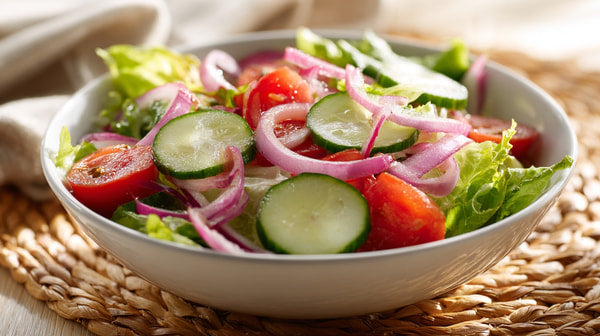 A Bowl Of Fresh Vegetable Salad With Cucumbers Tomatoes And Lettuce On A Table — Stock Photo