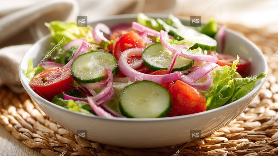 A Bowl Of Fresh Vegetable Salad With Cucumbers Tomatoes And Lettuce On A Table — Stock Photo