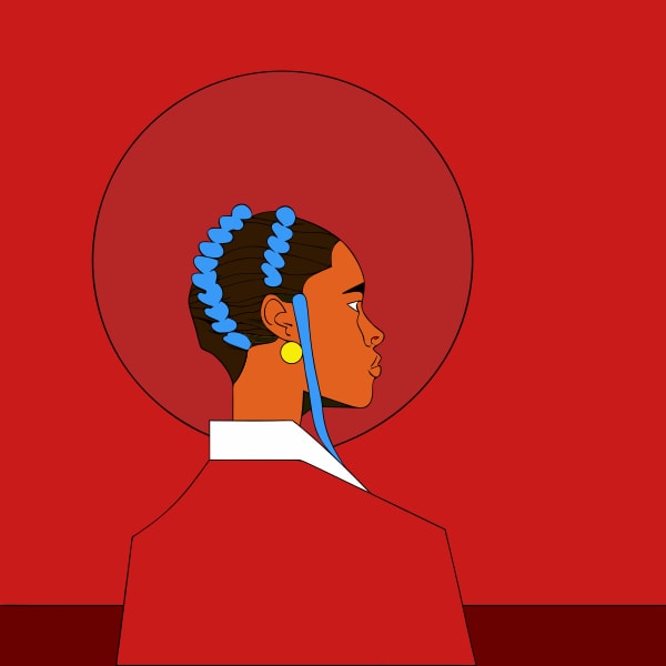 Red And White Portrait Of A Person With Blue Hair And A Red Background — Stock Vector