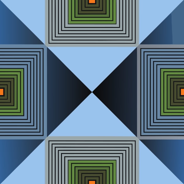 Geometric Abstract Art With A Blue Background And Squares Of Varying Shades Of Green And Black — Stock Vector