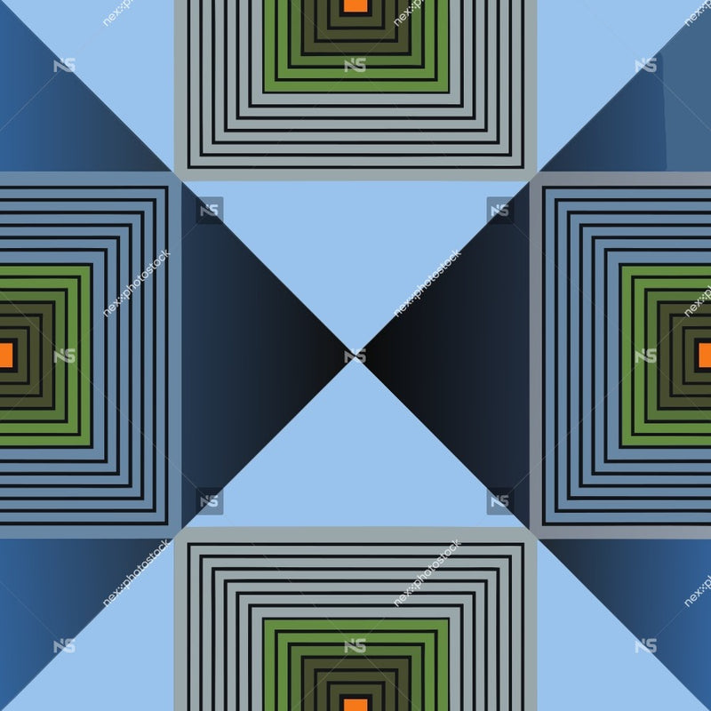 Geometric Abstract Art With A Blue Background And Squares Of Varying Shades Of Green And Black — Stock Vector