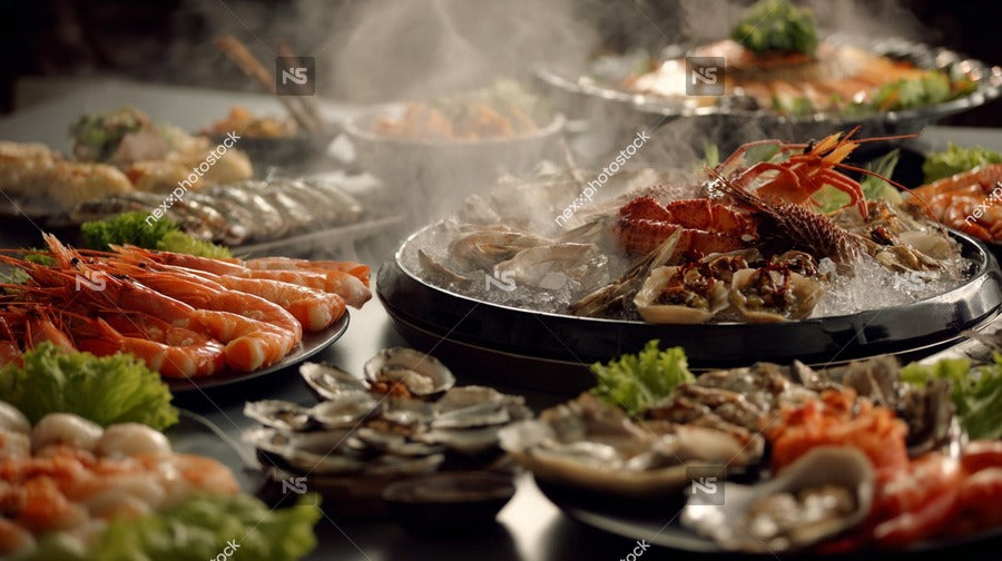 Displays A Variety Of Seafood Dishes Presented On Black Trays With Tongs Arranged In An Appealing Manner For Display Serving — Stock Photo