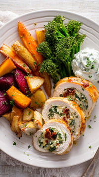 A Plate Of Chicken And Roasted Vegetables Including Potatoes And Broccoli Served On A Dining Table — Stock Photo