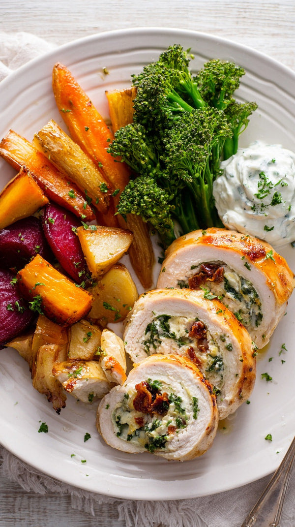 A Plate Of Chicken And Roasted Vegetables Including Potatoes And Broccoli Served On A Dining Table — Stock Photo