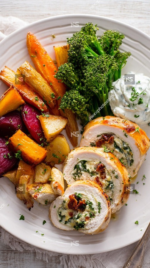 A Plate Of Chicken And Roasted Vegetables Including Potatoes And Broccoli Served On A Dining Table — Stock Photo
