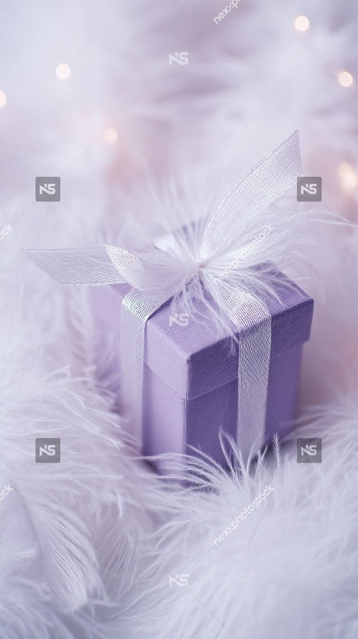 A Purple Gift Box Adorned With A Silver Ribbon Placed Against A Festive Backdrop Of A White Christmas Tree — Stock Photo