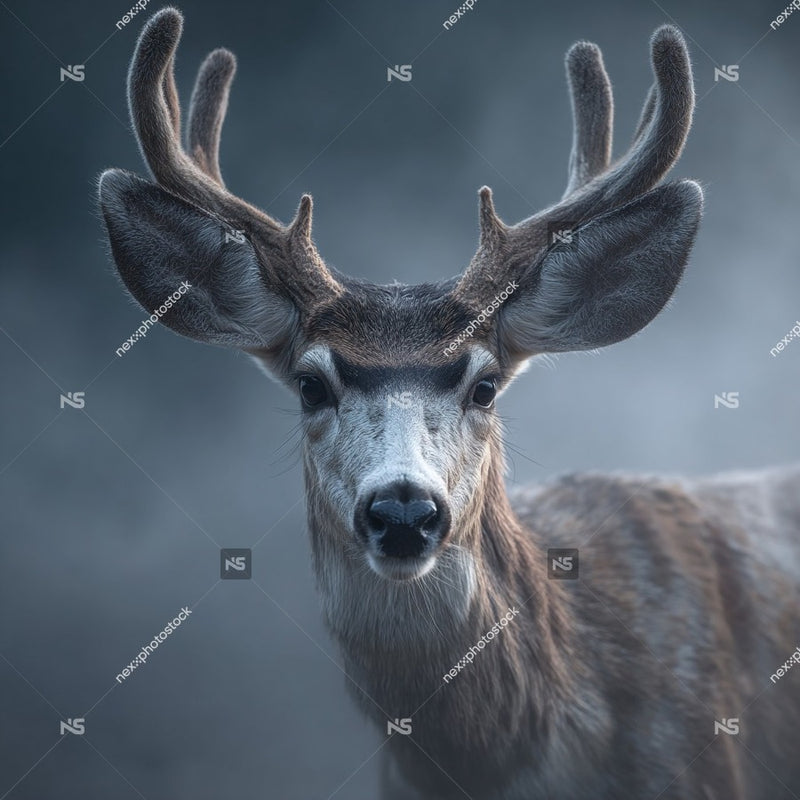 A Majestic Deer Stands In A Misty Forest Its Antlers Spread Wide And Eyes Alert — Stock Photo