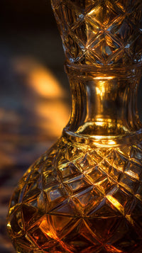 Glass Bottle With Amber Liquid And Intricate Design Set Against A Blurred Background Of Firelight — Stock Photo