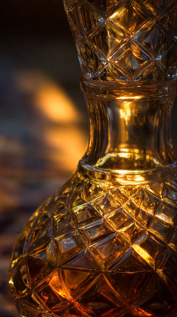 Glass Bottle With Amber Liquid And Intricate Design Set Against A Blurred Background Of Firelight — Stock Photo