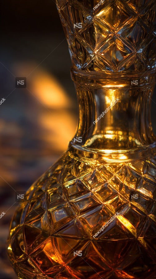 Glass Bottle With Amber Liquid And Intricate Design Set Against A Blurred Background Of Firelight — Stock Photo