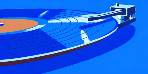 A Collection Of Vinyl Records Displayed In A Room With Blue Walls And A White Ceiling — Stock Illustration