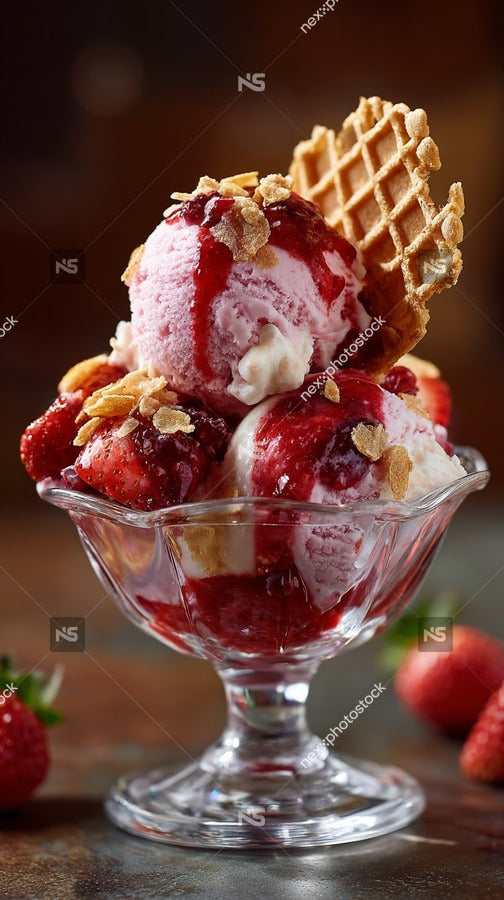 Strawberry Ice Cream Sundae In A Glass Bowl Topped With Whipped Cream And Nuts — Stock Photo