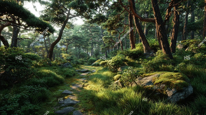 A Tranquil Forest Path In A Japanese Garden Surrounded By Lush Greenery And Towering Trees — Stock Photo