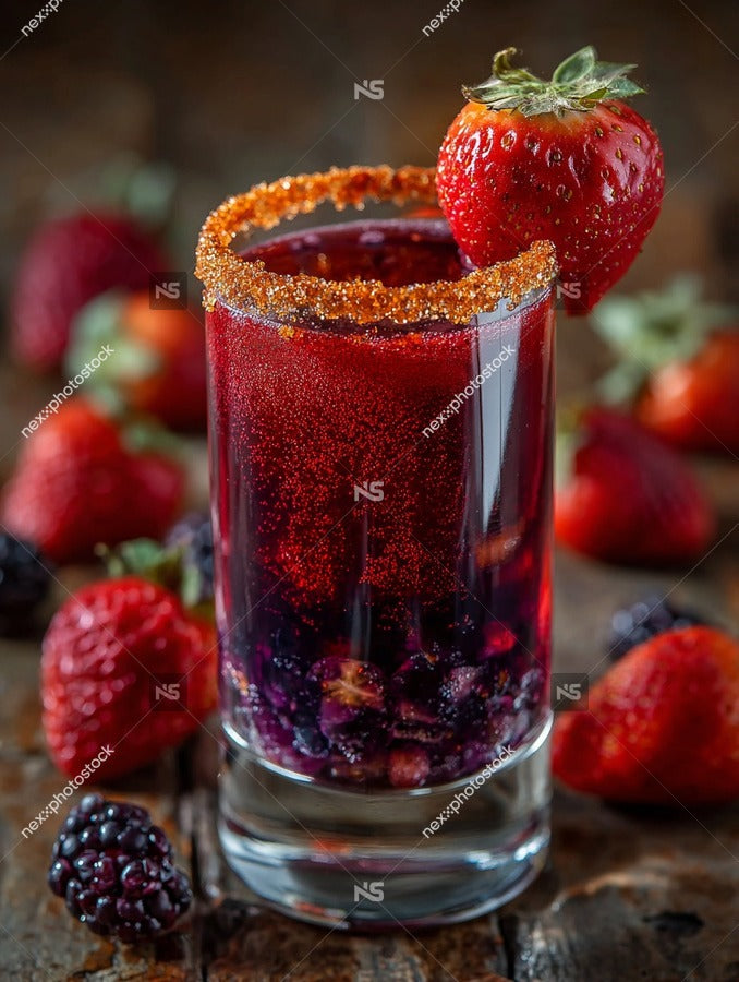 A Glass Of Blueberry And Strawberry Cocktail Garnished With A Slice Of Strawberry Placed On A Wooden Surface Surrounded By Fresh Berries — Stock Photo