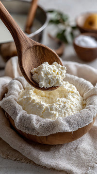 A Wooden Spoon Filled With Creamy Cottage Cheese Is Being Scooped From A Bowl Set Against A Backdrop Of A Rustic Kitchen — Stock Photo
