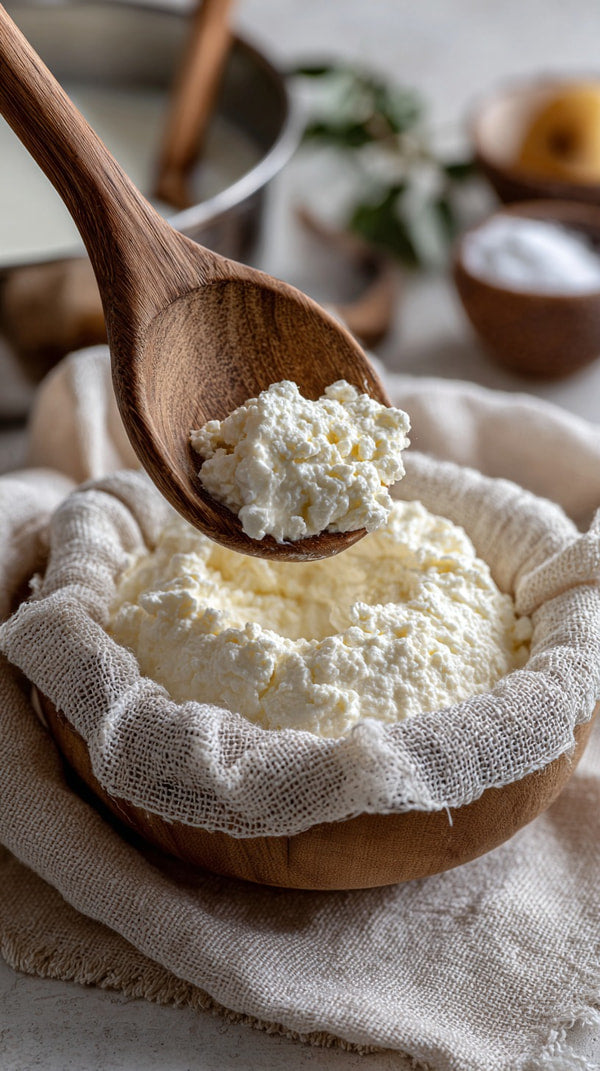 A Wooden Spoon Filled With Creamy Cottage Cheese Is Being Scooped From A Bowl Set Against A Backdrop Of A Rustic Kitchen — Stock Photo