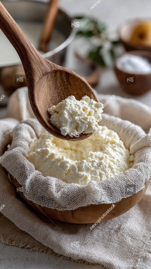 A Wooden Spoon Filled With Creamy Cottage Cheese Is Being Scooped From A Bowl Set Against A Backdrop Of A Rustic Kitchen — Stock Photo