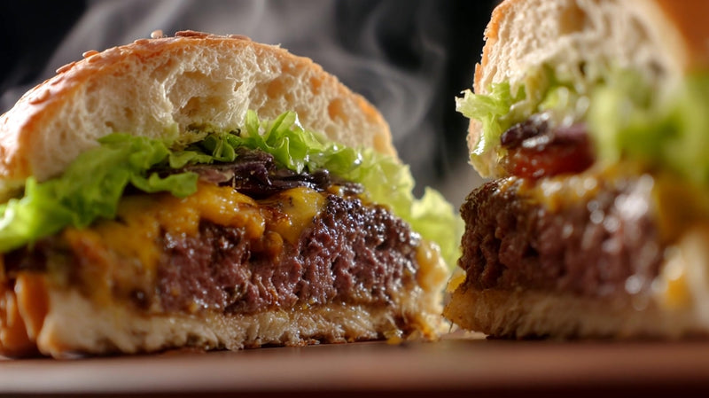 two gourmet burgers with lettuce and cheese on a wooden surface showcasing their appetizing details against a blurred background - Stock Video