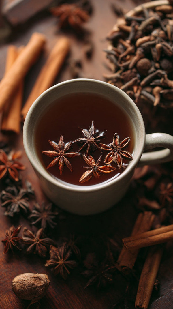 A Cup Of Cinnamon Tea With Star Anise Surrounded By Whole Spices And Cinnamon Sticks On A Wooden Table — Stock Photo