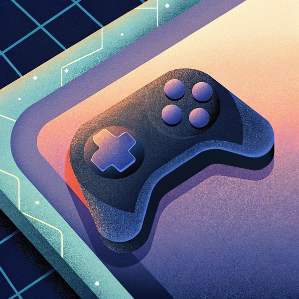 14 22 Word Search Style Stock Title Vintage Gaming Console With Classic Design A Joystick And Four Buttons Set Against A Futuristic Backdrop — Stock Illustration
