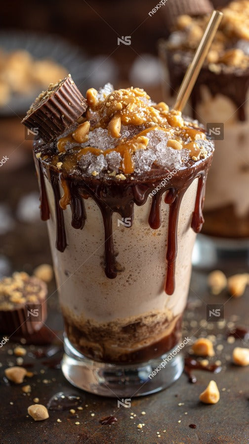 A Chocolate Peanut Butter Cup Ice Cream Sundae With Whipped Cream And A Drizzle Of Caramel Sauce Garnished With Crushed Nuts — Stock Photo