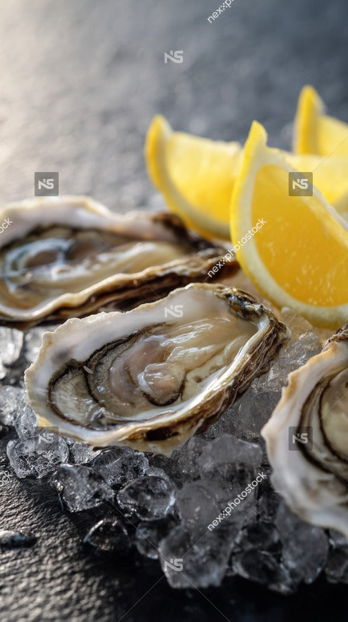 Displays A Close Up View Of A Plate Of Oysters On Ice With Lemon Wedges And Orange Slices As Garnishes — Stock Photo