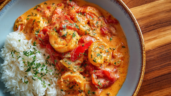 A Plate Of Creamy Shrimp Curry Served Over White Rice Garnished With Fresh Herbs And A Sprinkle Of Spices — Stock Photo