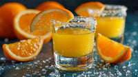 Margarita Sunrise Cocktail Garnished With Orange Slices Served In A Salt Rimmed Glass On A Table With Sugar Crystals And Whole Oranges — Stock Photo