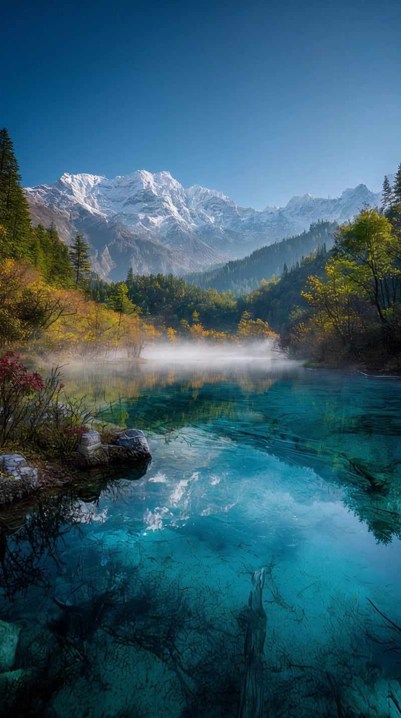 a view of a mountainous landscape a serene alpine lake surrounded by lush greenery and towering mountains in the background - Stock Video
