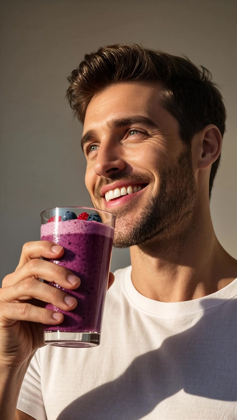 a man holding a glass of smoothie smiling and looking directly at the camera - Stock Video