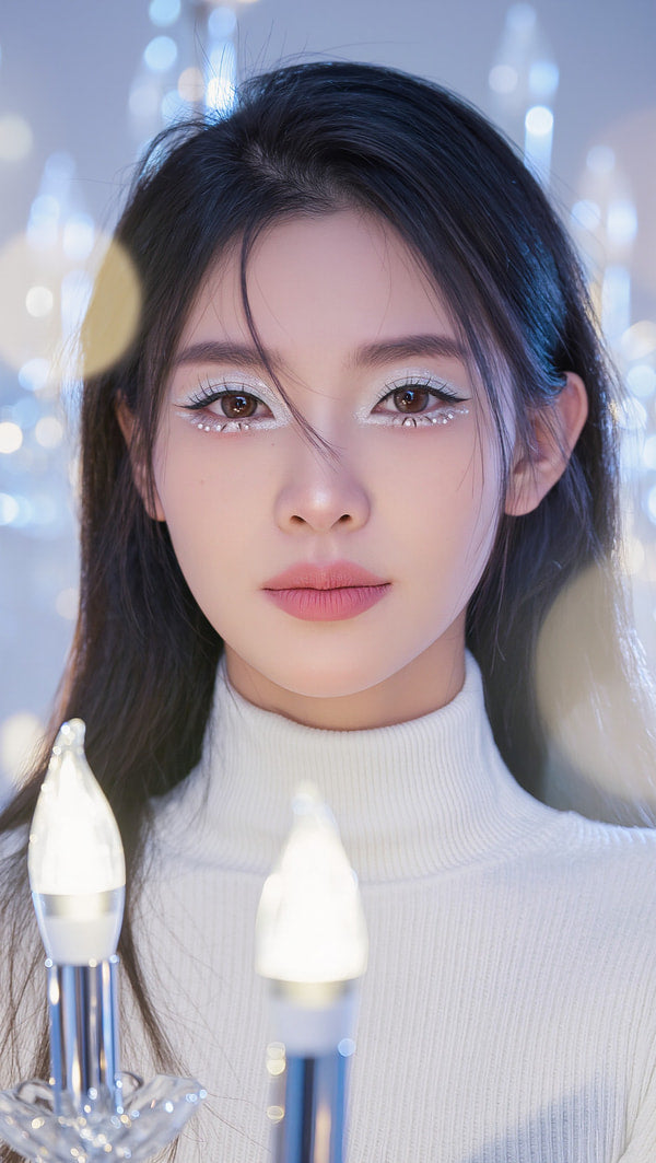 Features A Young Woman With Glittery Makeup Wearing A White Top And Looking Directly At The Camera — Stock Photo
