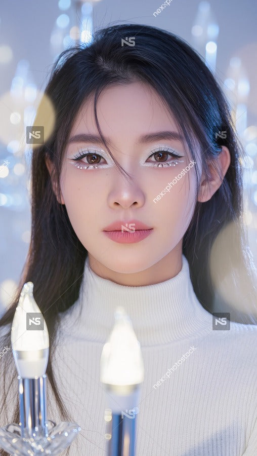 Features A Young Woman With Glittery Makeup Wearing A White Top And Looking Directly At The Camera — Stock Photo