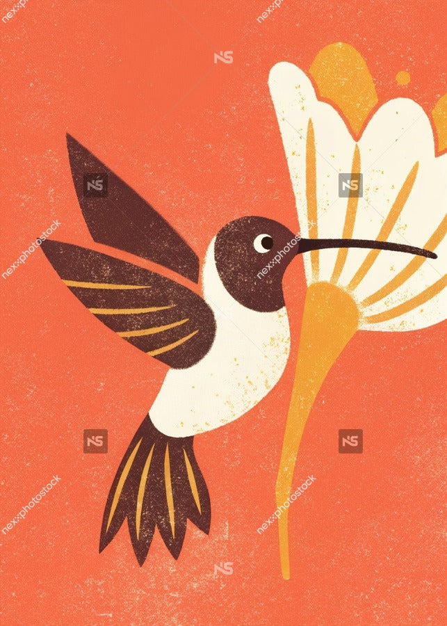 Vintage Style Illustration Of A Hummingbird Hovering Over A Flower With A Drop Of Nectar — Stock Illustration