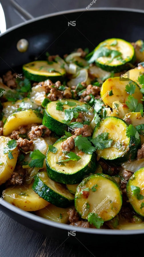 A Skillet Filled With Sauteed Zucchini And Ground Beef Garnished With Fresh Herbs Served On A Stove — Stock Photo