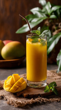 A Refreshing Mango Smoothie Garnished With A Sprig Of Mint Served In A Clear Glass On A Wooden Surface — Stock Photo