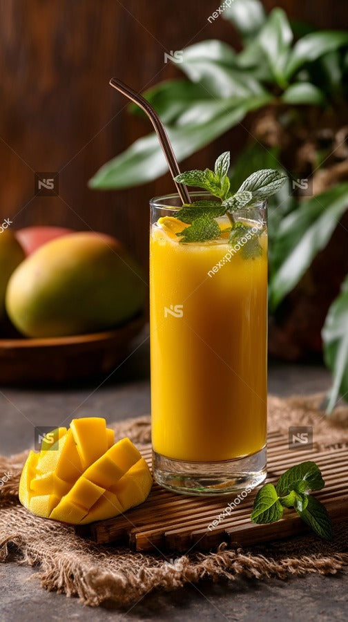 A Refreshing Mango Smoothie Garnished With A Sprig Of Mint Served In A Clear Glass On A Wooden Surface — Stock Photo