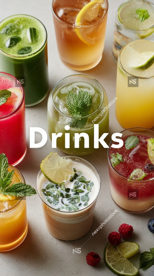 A Variety Of Colorful Drinks Displayed In Glasses And Cups Arranged On A Table With A Blurred Background — Stock Photo
