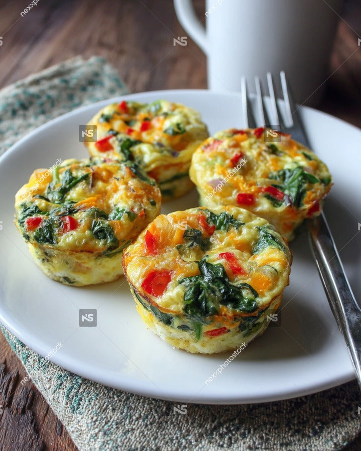 Spinach And Red Pepper Omelette Muffins On A White Plate With A Fork Resting On Top Of Them — Stock Photo