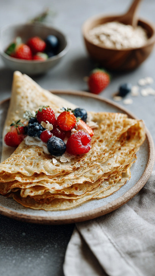 Delicious Crepes Topped With Fresh Berries Served On A Wooden Platter — Stock Photo