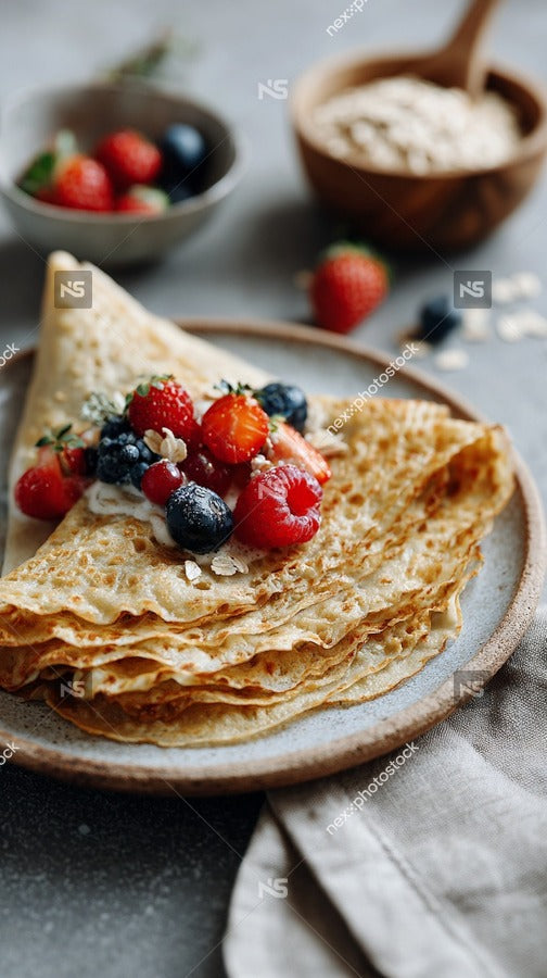 Delicious Crepes Topped With Fresh Berries Served On A Wooden Platter — Stock Photo