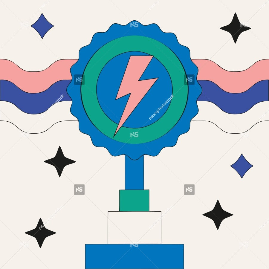 A Digital Illustration Of A Trophy With A Lightning Bolt Motif Blue And Pink Stripes On A White Background — Stock Vector
