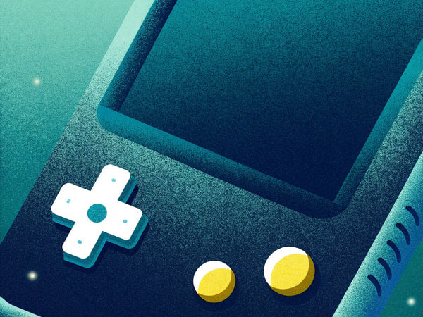 A Vintage Game Console With A Controller Two Yellow Buttons And A D Pad Set Against A Blue Background — Stock Illustration