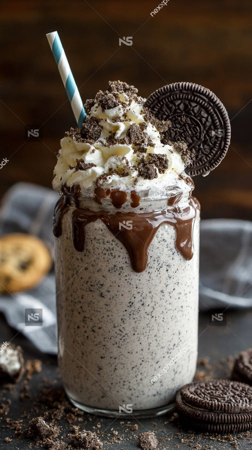Oreo Milkshake With Whipped Cream And Chocolate Chips In A Clear Glass Cup On A Wooden Table — Stock Photo