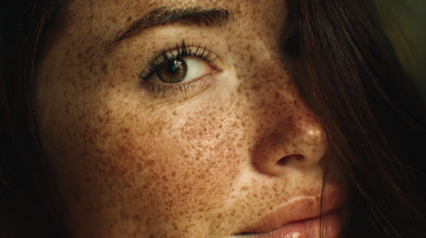 Freckled Face Portrait Of A Woman With Long Hair And A Neutral Expression Captured In A Close Up Shot Against A Dark Background — Stock Photo