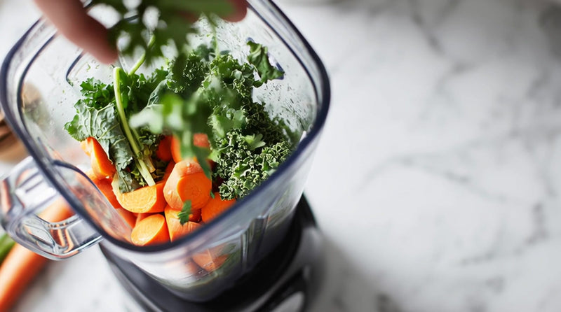 a side by side comparison of fresh vegetables being blended in a blender with carrots and broccoli prominently visible - Stock Video