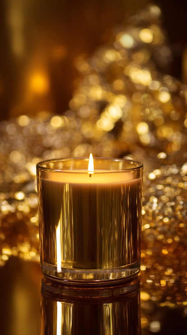 Golden Candle In A Jar With Glittery Background — Stock Photo