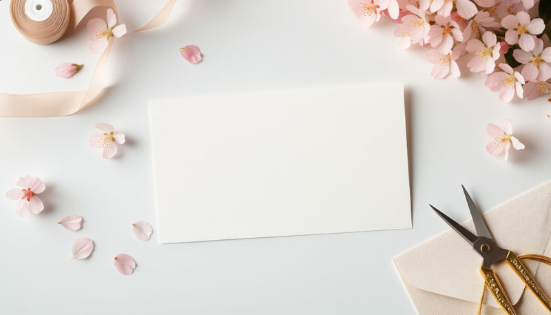 Flat Lay Spring Card Mockup with Flowers, Ribbon and Golden Scissors